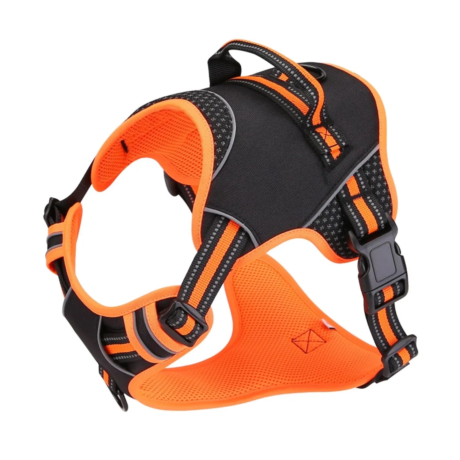 Orange polyester dog harness with integrated training lead shown in outdoor setting
