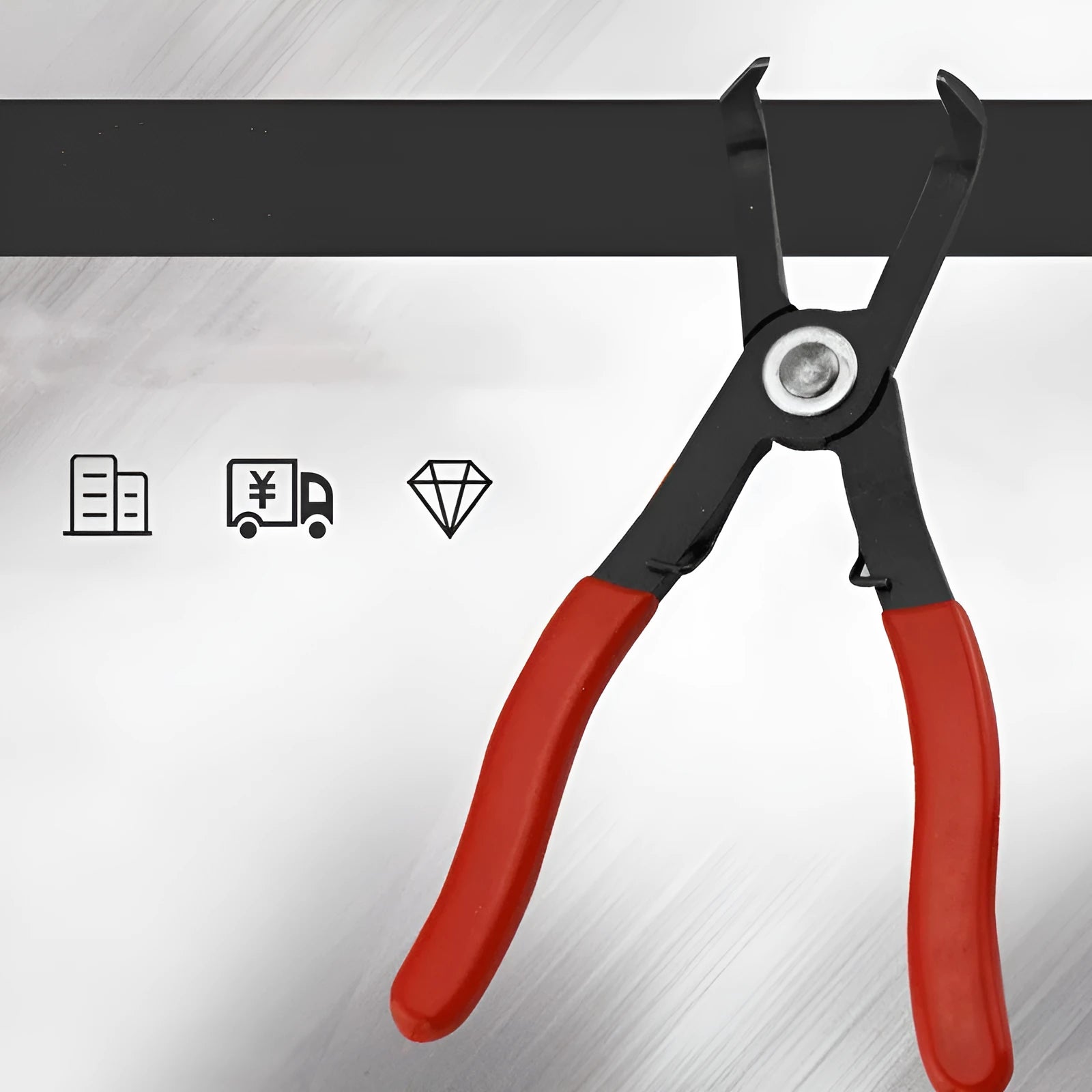 Red handled round nail removal pliers with adjustable jaws for door panel fasteners.