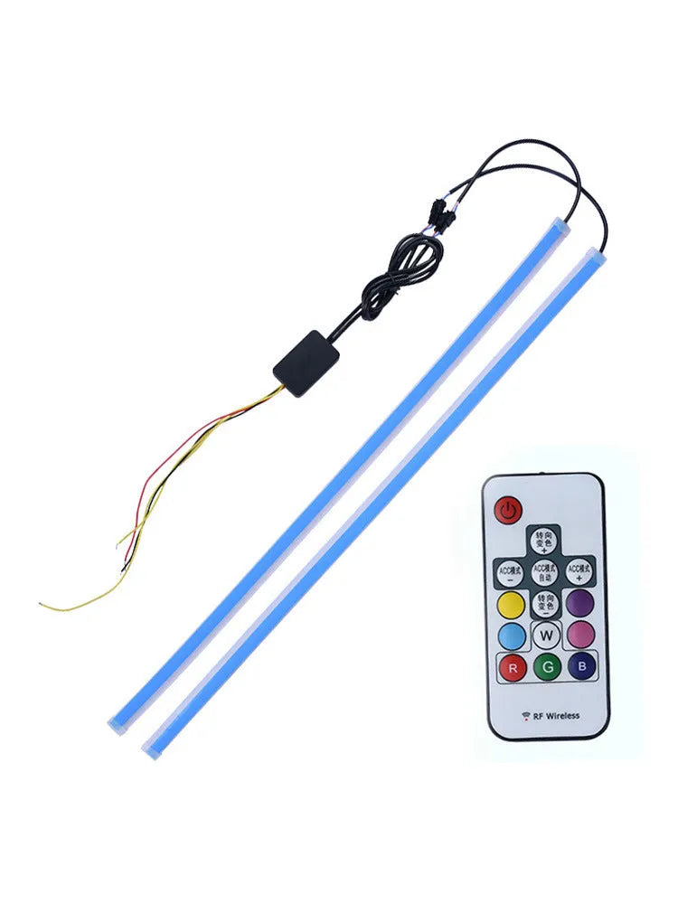 Universal car LED daytime running light strip with remote control for RGB colours, shown in 30cm, 45cm, and 60cm lengths.