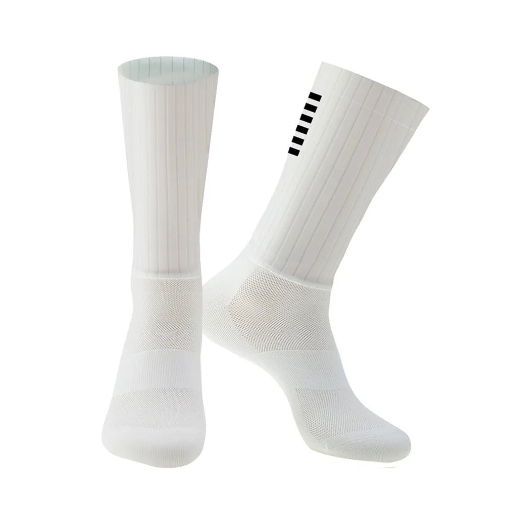 Cycling socks in orange, black, purple, white, grey, or dark blue with moisture-wicking fabric