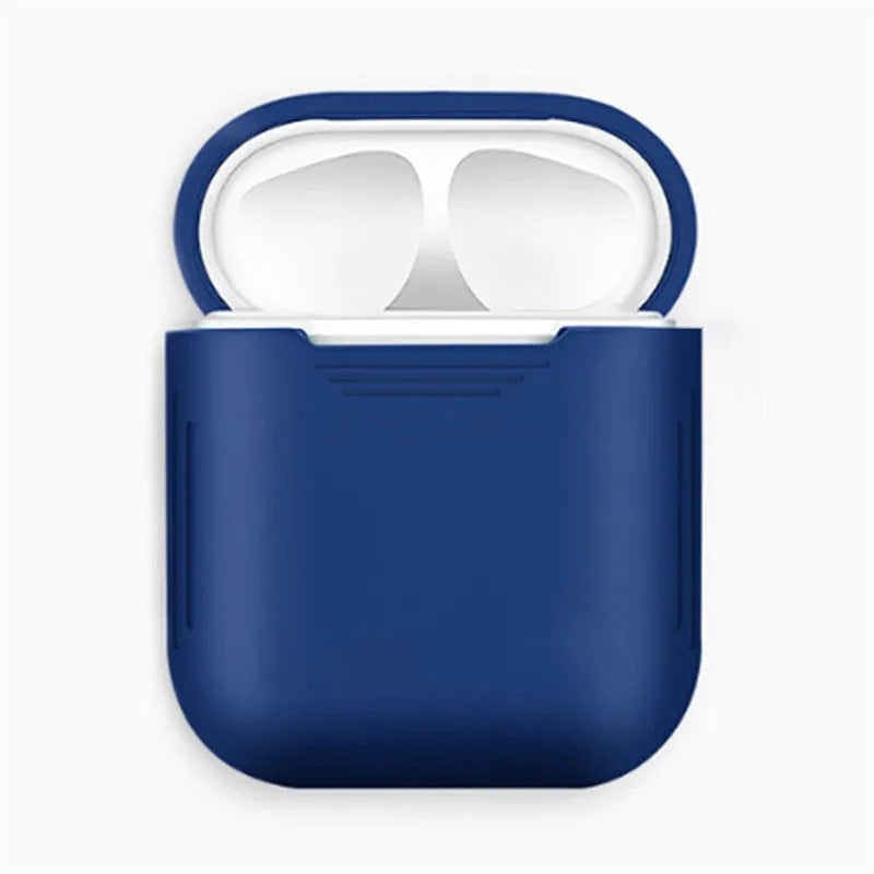 Silicone protective case with anti-loss rope for Apple AirPods, shown in multiple colour options.
