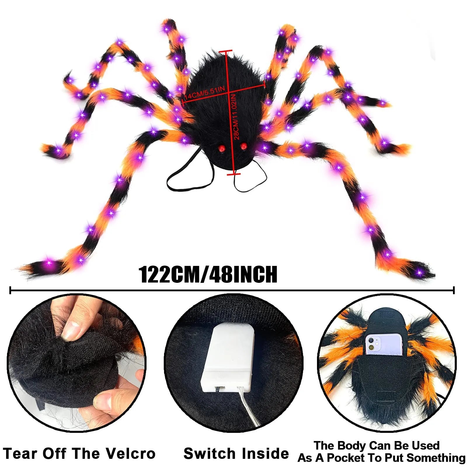 Halloween plush spider backpack with purple LED lights in one of five colour options.