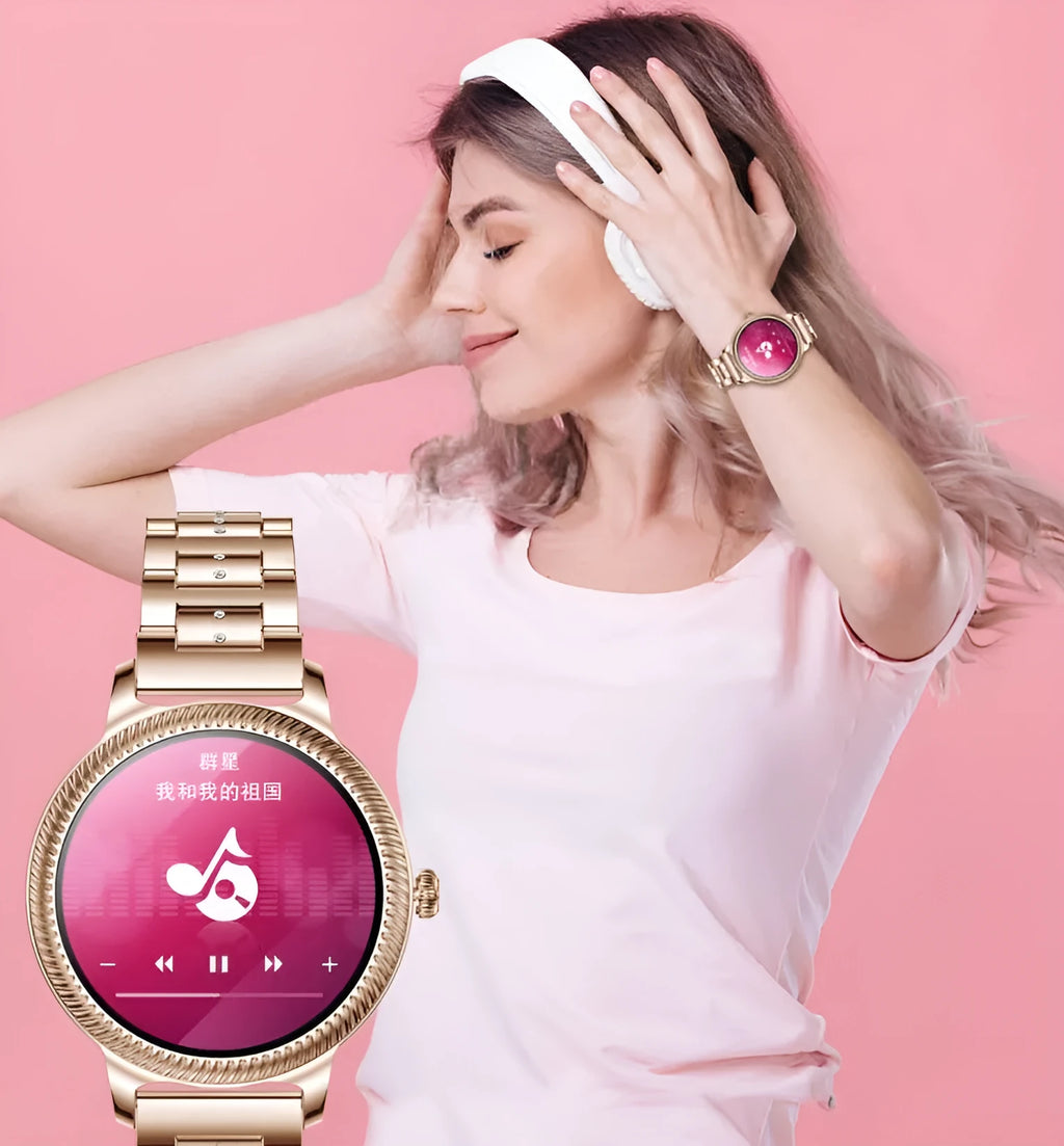 AK38 ladies smart watch with stainless steel wristband and 1.09 inch TFT colour screen