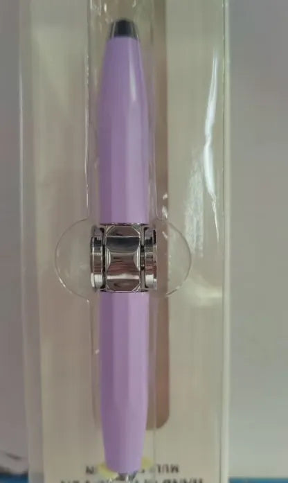Metal ballpoint pen with integrated fingertip spinner and LED lights, shown in hand