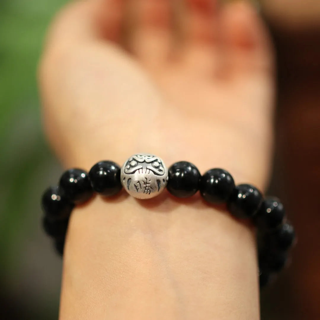 10mm black agate bracelet with sterling silver components in Chinese style design