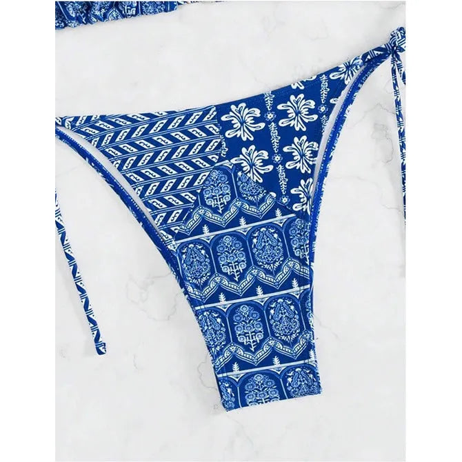 Women's green split bikini swimsuit with bandage stitching detail and polyester construction