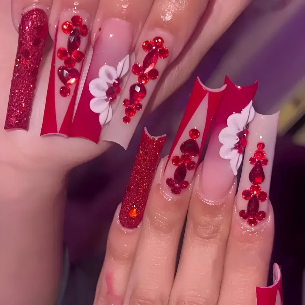 Sweet Flowers pattern red diamond false nails in long European Square shape with glue and file.