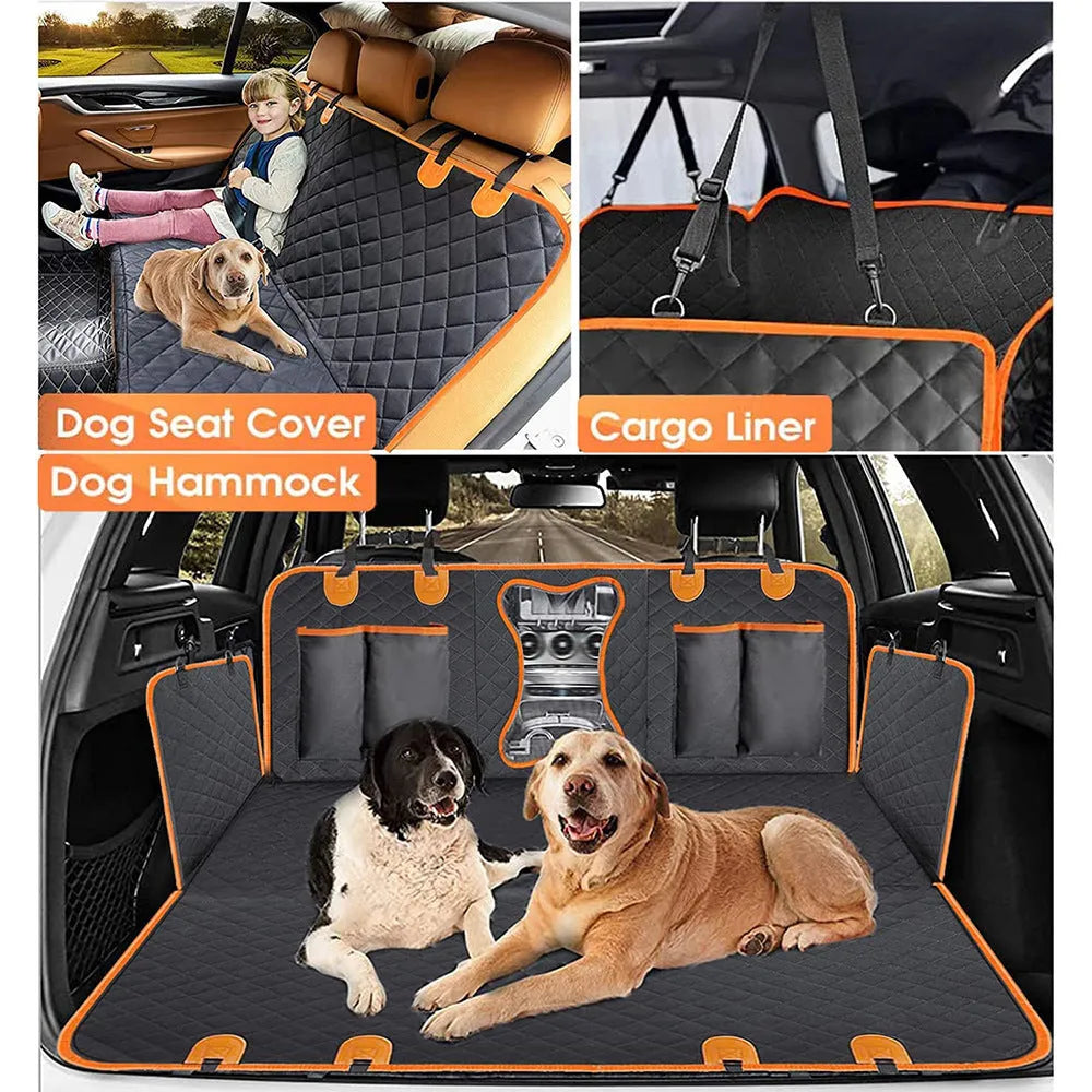 Black and orange edged waterproof pet car seat cover made from 600D Oxford cloth, shown on a car rear seat.