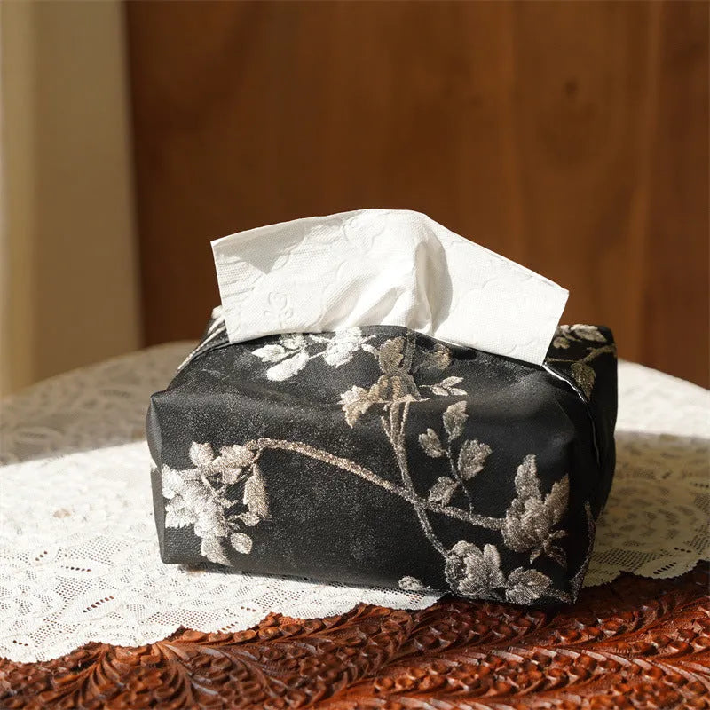 New Chinese brocade style fabric tissue box cover with white plum embroidery pattern.