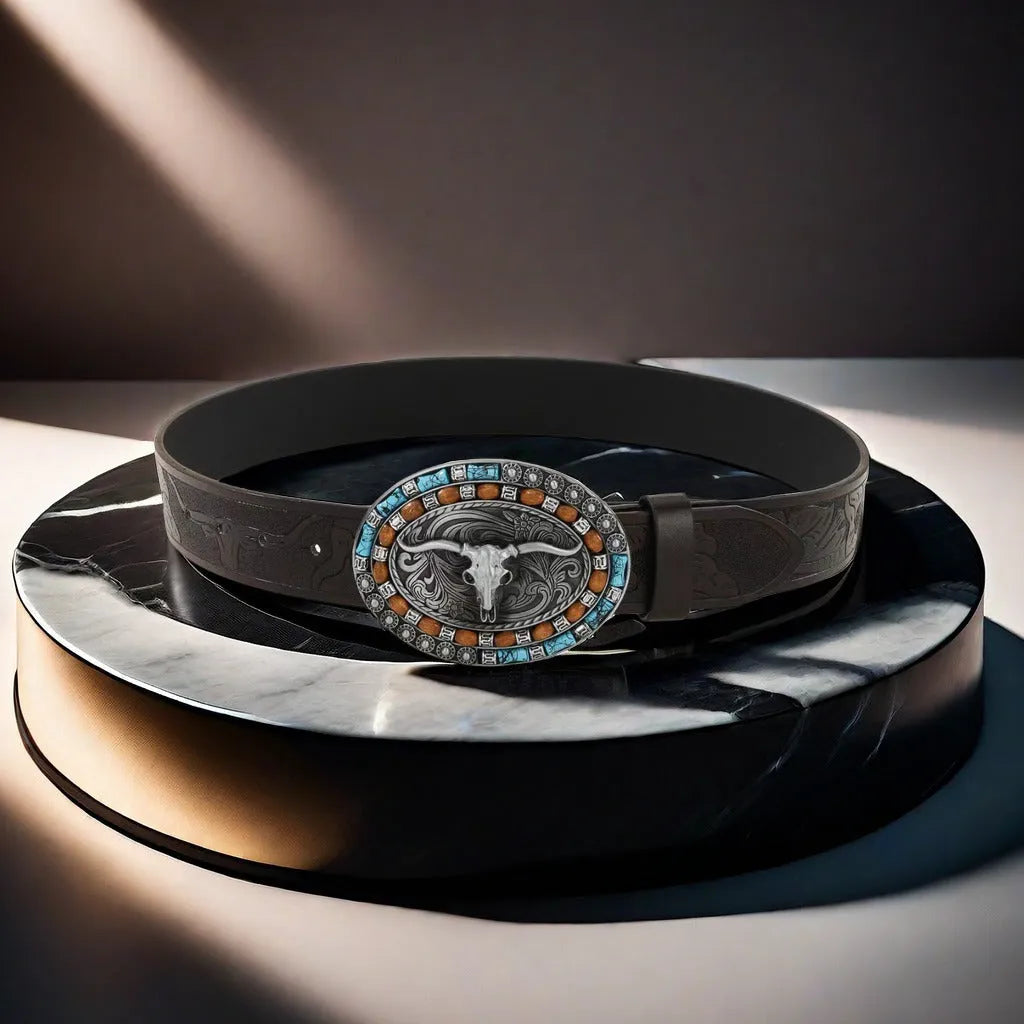 Men's black imitation leather belt with a detailed silver alloy cow head buckle and pin fastening.