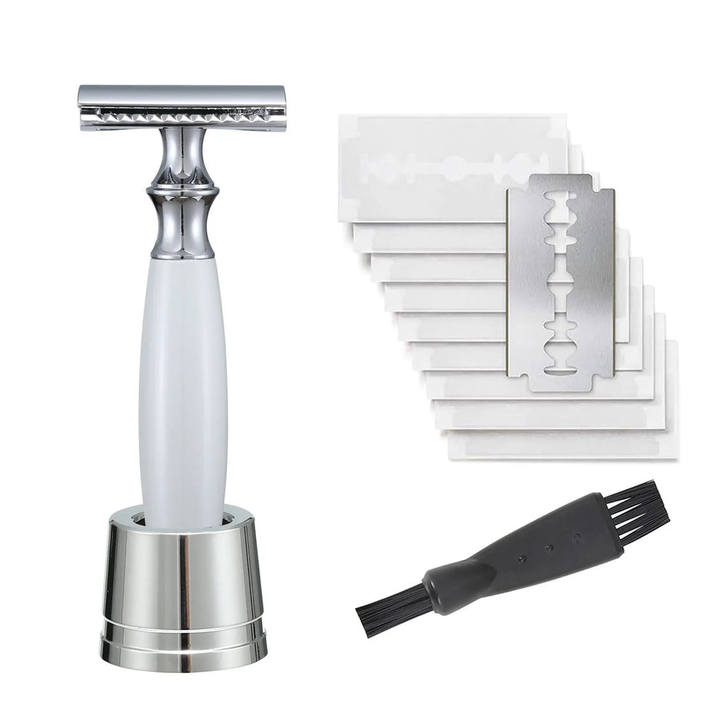 Traditional copper manual shaving razor with olive wood handle and included blades