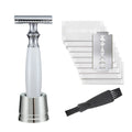 Traditional copper manual shaving razor with olive wood handle and included blades