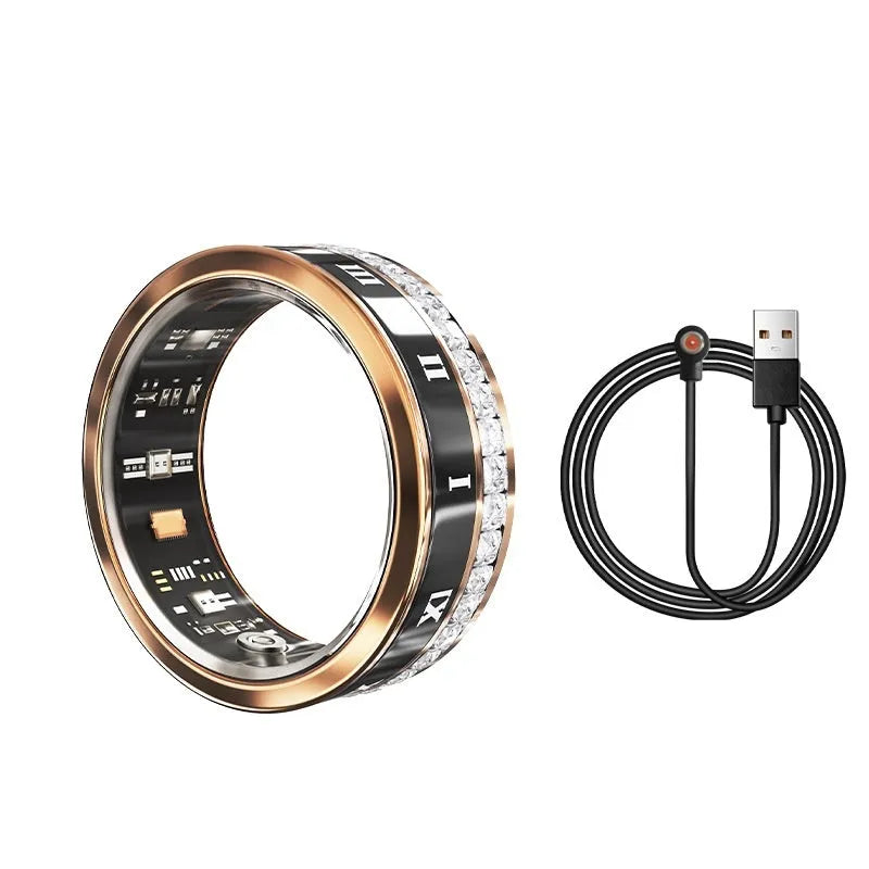 Silver and gold smart ring with diamond inlay on a finger, showing its wearable design and jewellery aesthetic.
