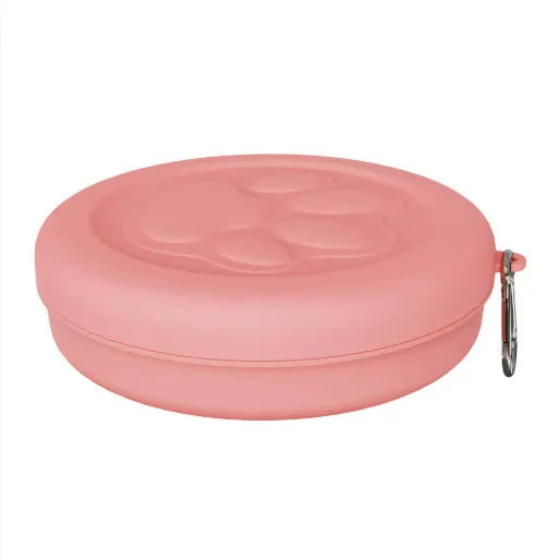 Collapsible silicone portable dog bowl shown folded and expanded in light green colour