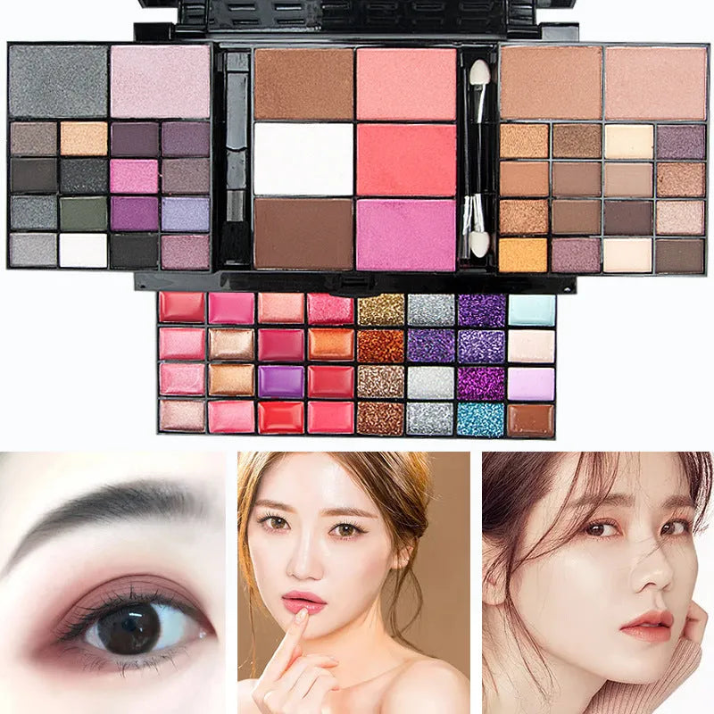 74 colour makeup palette open showing eyeshadows, lip glosses, concealers, blushes, and contour powders with included brushes
