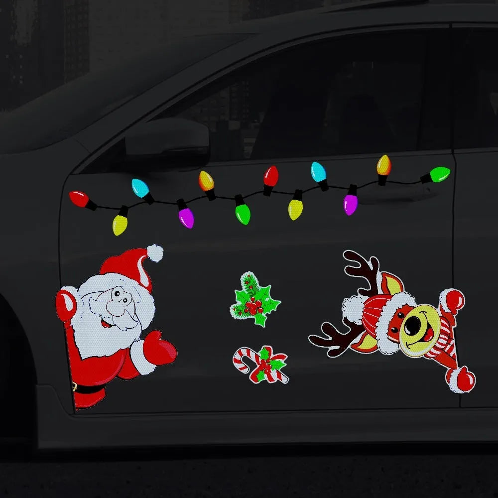 Cartoon-style Christmas elk reflective magnetic sticker on a glass surface.