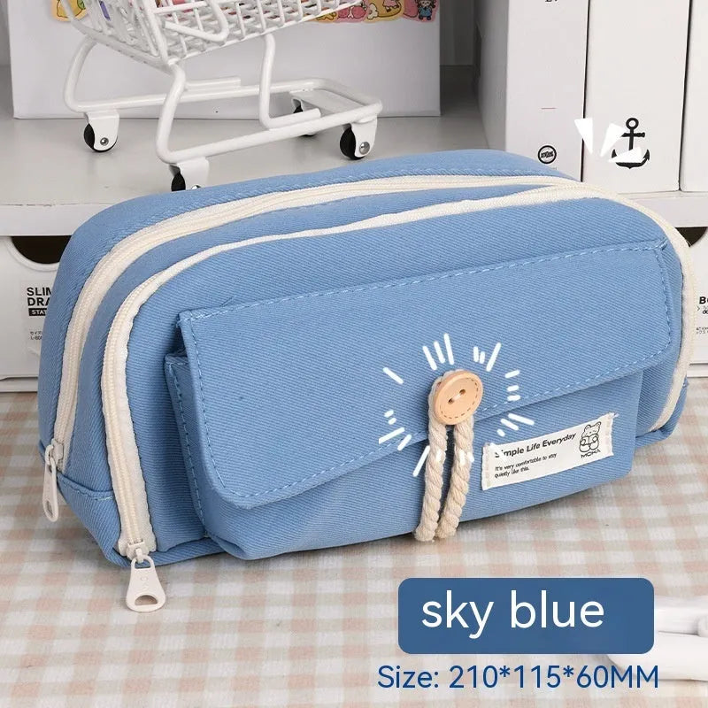 Korean style canvas pencil case in green, holds approximately 80 pens