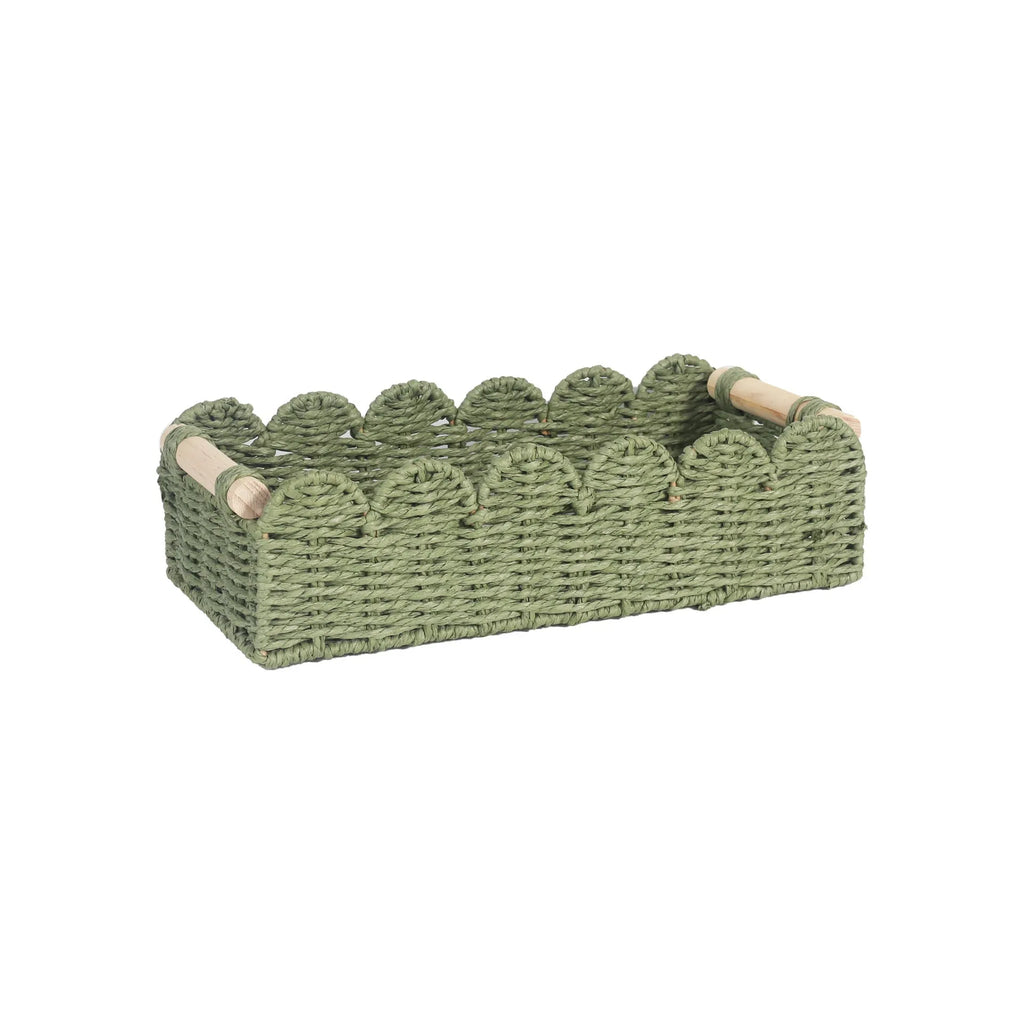 Rectangular woven paper storage basket in a choice of colours on a wooden table.