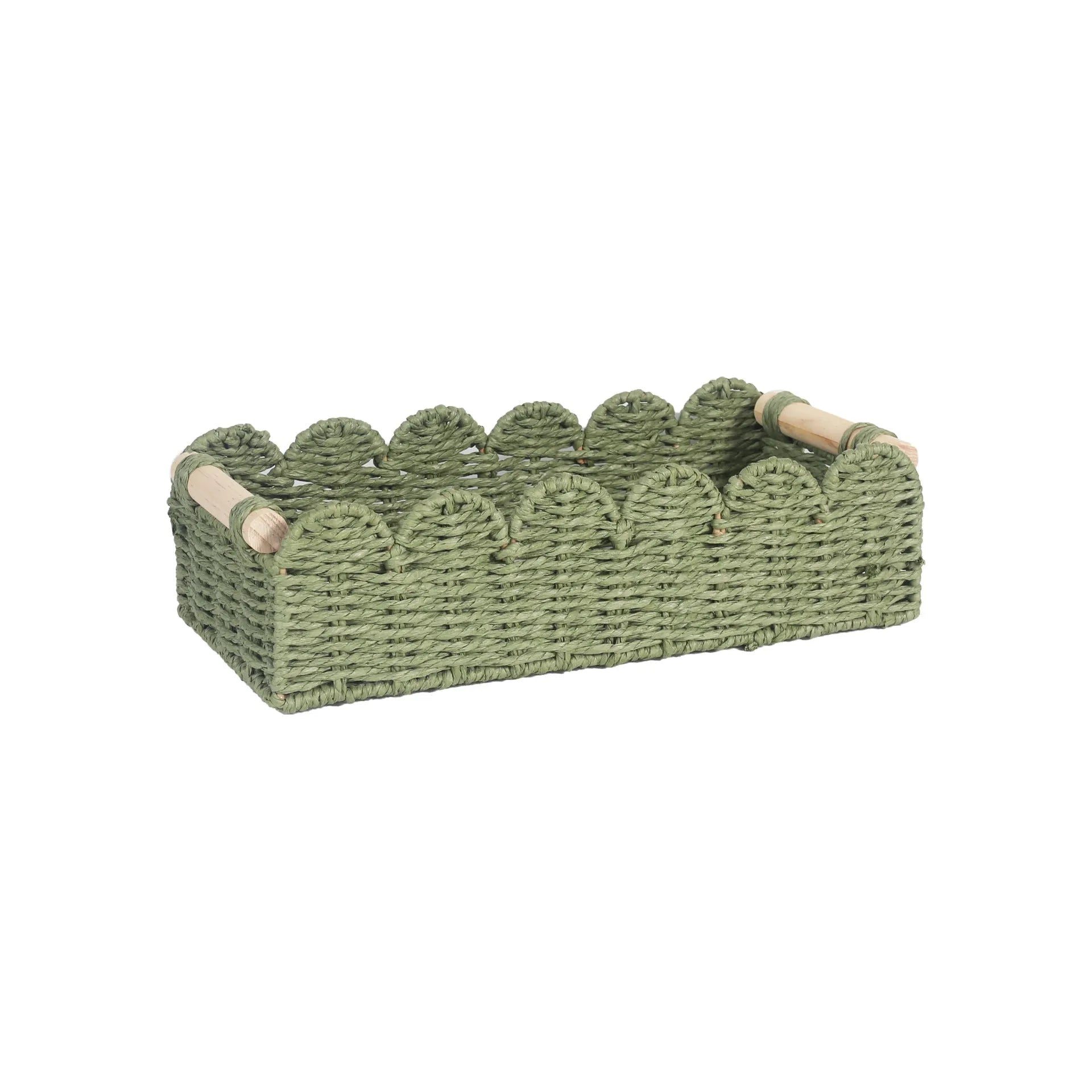 Rectangular woven paper storage basket in a choice of colours on a wooden table.