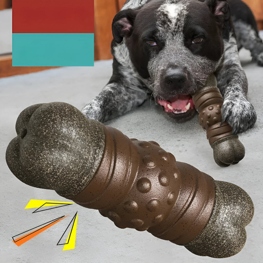 Wood colour plastic dog toothbrush toy with bone shape and extended molar rod for dental care