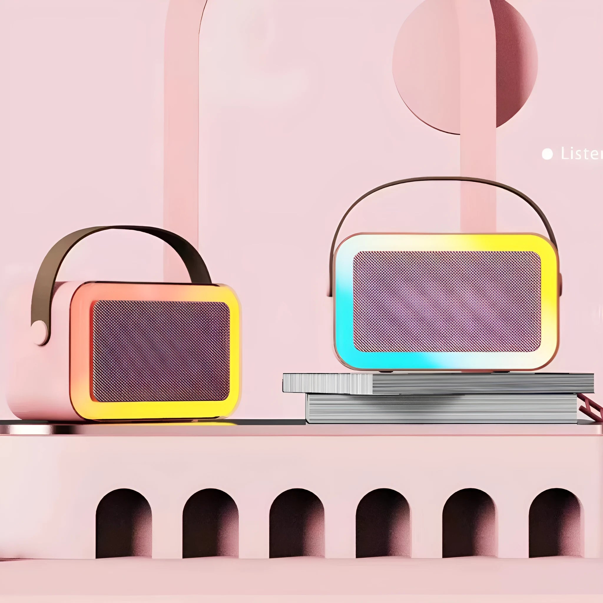 Portable Bluetooth karaoke speaker in white, pink, or sky blue colour with microphone and recording functions