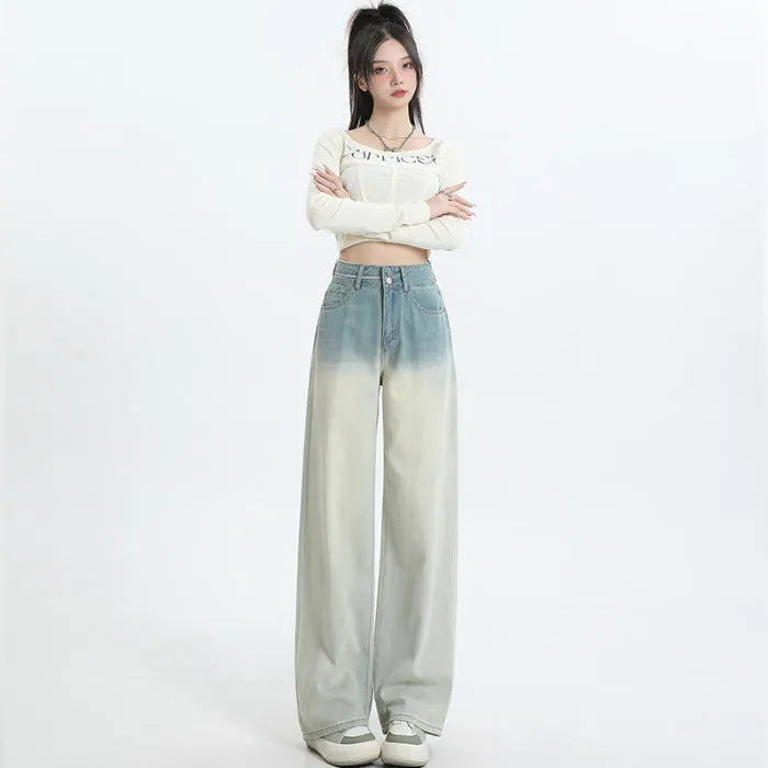 Women's gradient blue straight-leg denim trousers with wide-leg style