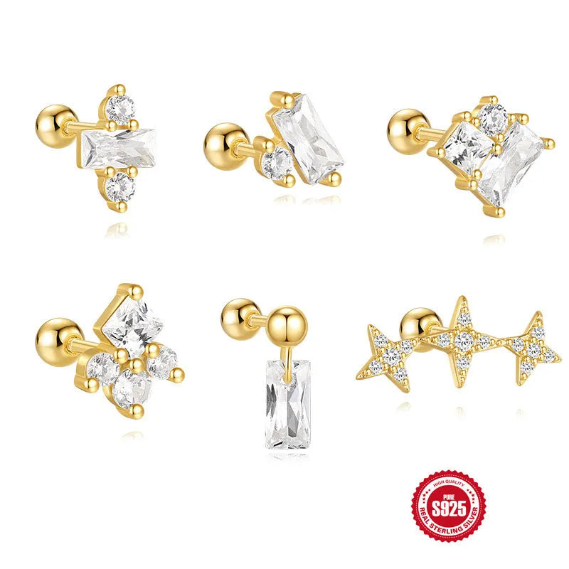 S925 Sterling Silver flower-shaped ear studs with square red gravel stones in a gold electroplated finish.