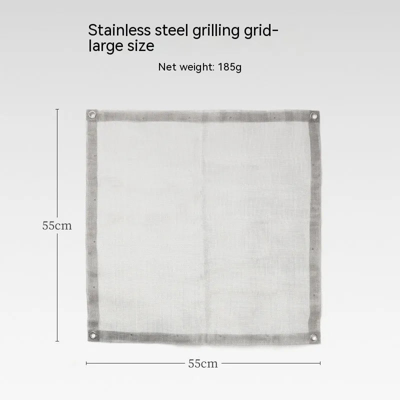 Silver stainless steel barbecue grill set with integrated cooking net, shown in medium and large sizes.