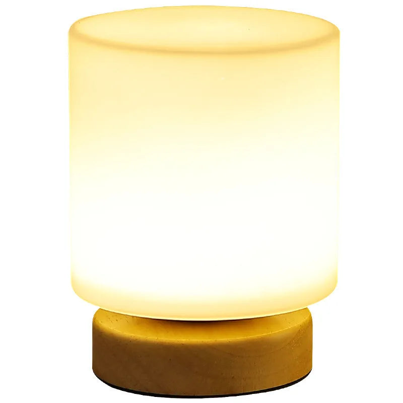 Nordic solid wood USB table lamp with touch dimming showing cube, cylinder, and ball light modes
