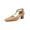 French retro square toe chunky heel wine red sheepskin leather buckle shoes