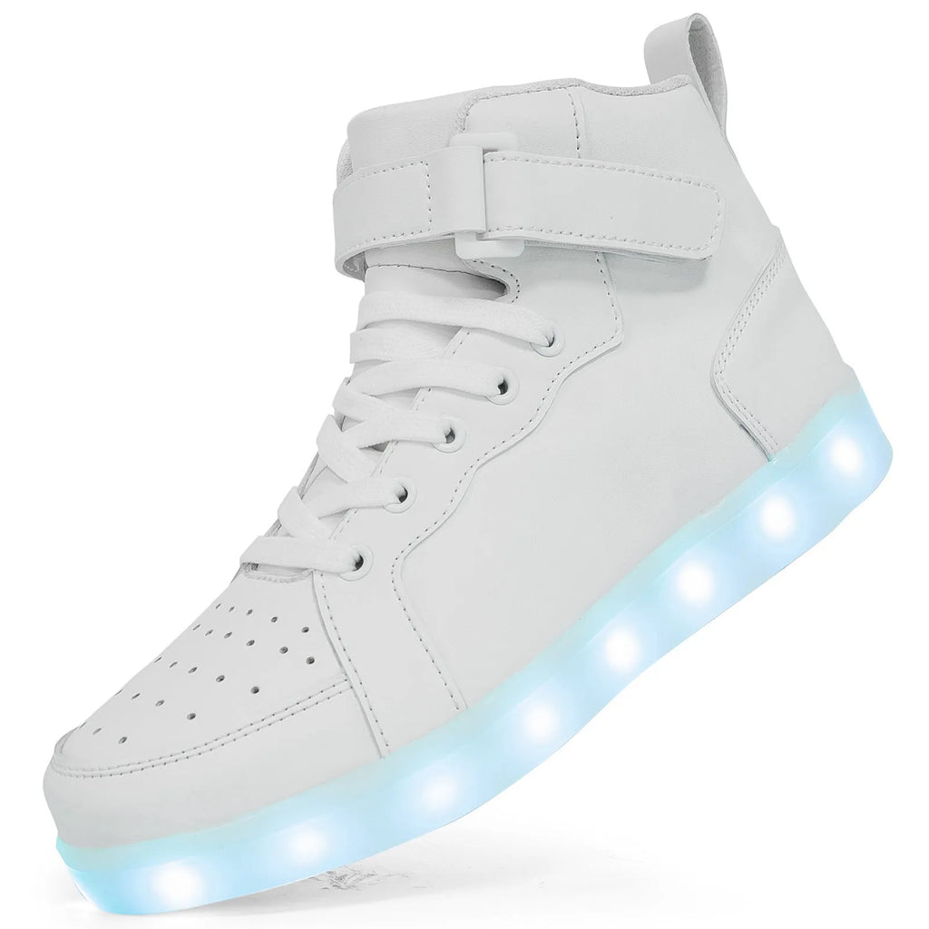 LED high-top board shoes with lights, Velcro fastening, in black gold or white colours