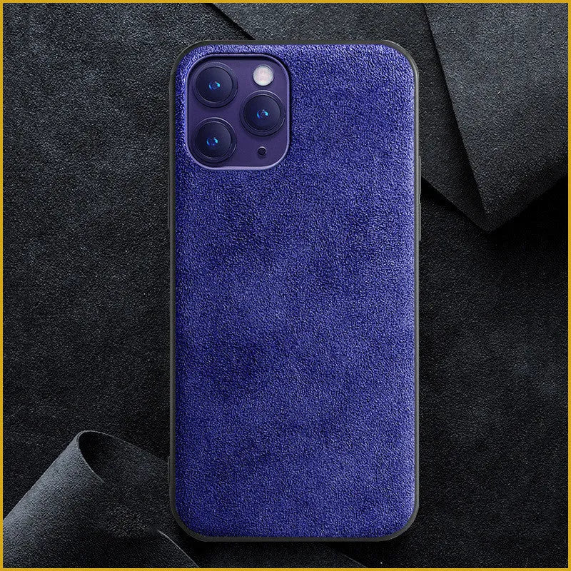 Suede full-cover phone case for iPhone in dark blue, dark night green, or elegant black.