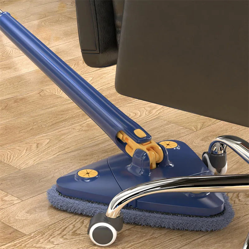 Blue triangular cleaning mop with 360-degree rotating head and adjustable stainless steel pole extended for use