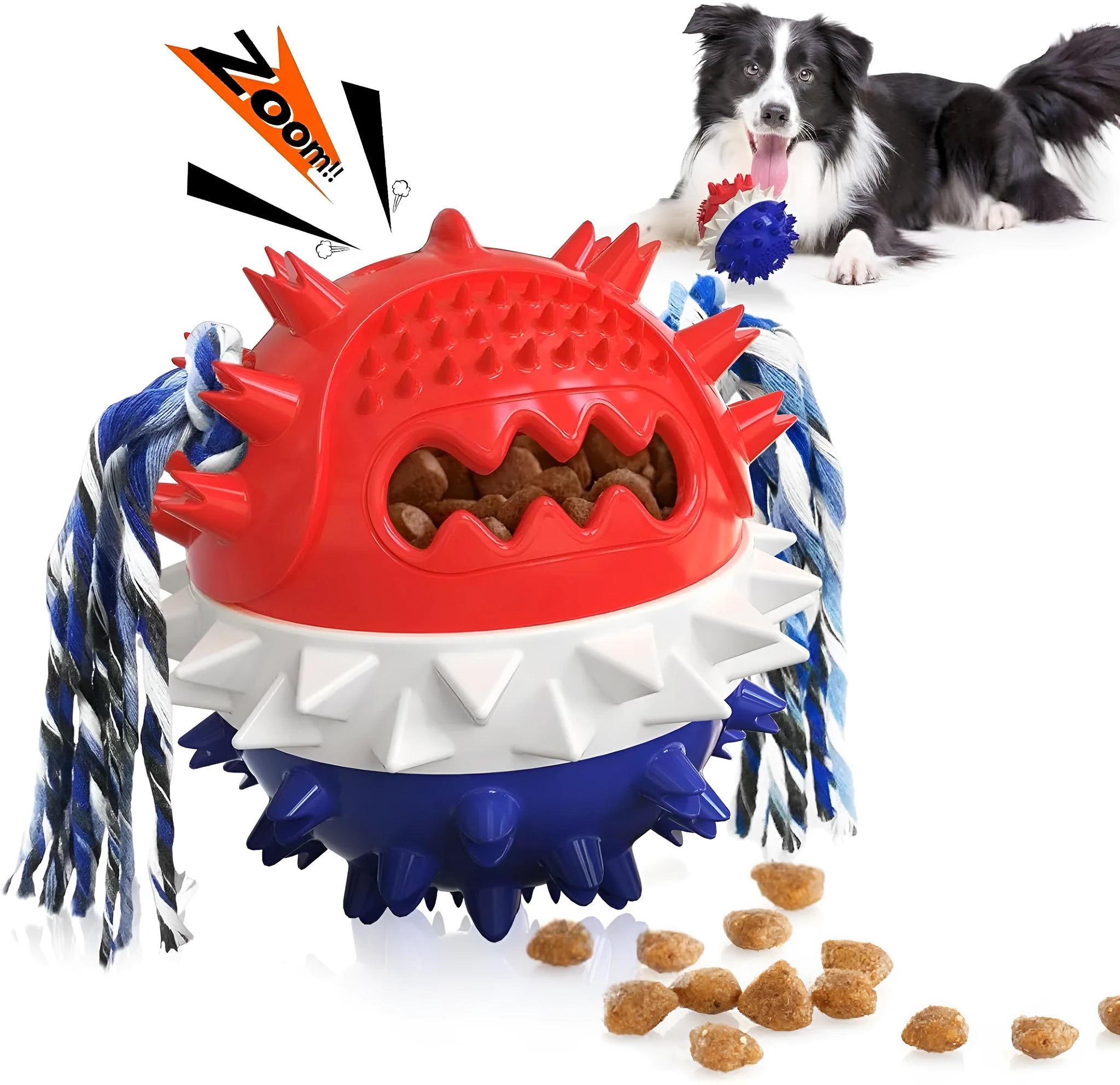 Blue and red TPR rubber dog chew toy with treat dispenser hole and textured surface.
