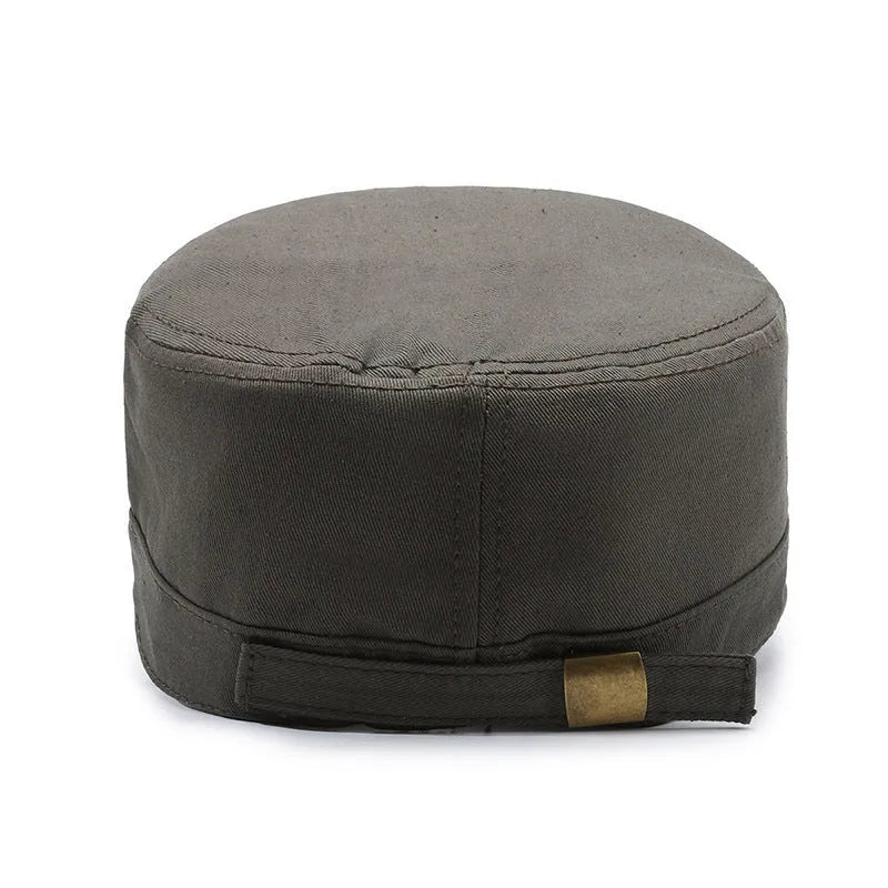 Men's flat-top cotton peaked cap in army green with adjustable strap and English letter detail.