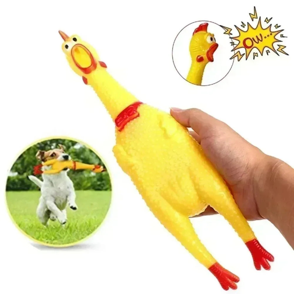 Yellow rubber screaming chicken dog squeaky toy shown in three sizes