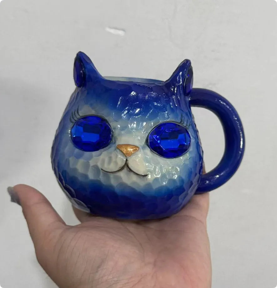 Handcrafted American style resin decorative cat cup ornament in purple, green, blue, or pink colour