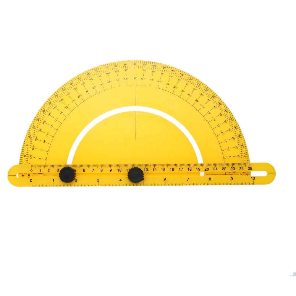 Plastic carpentry angle ruler tool with 180-degree scale on square-shaped board