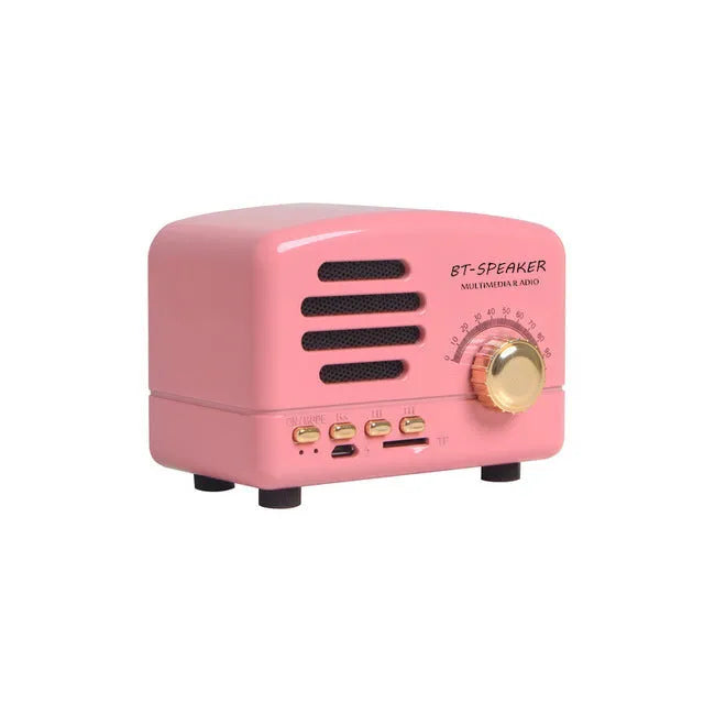 Wood grain finish bluetooth speaker showing compact design with USB charging port