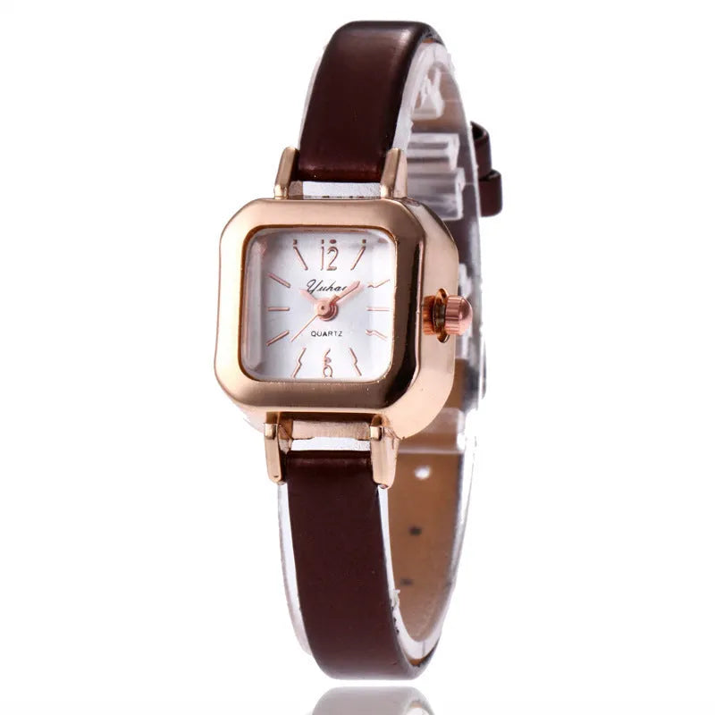 Women's art retro fashion watch with a 10mm alloy case shown in black, white, pink, and brown colour variants.