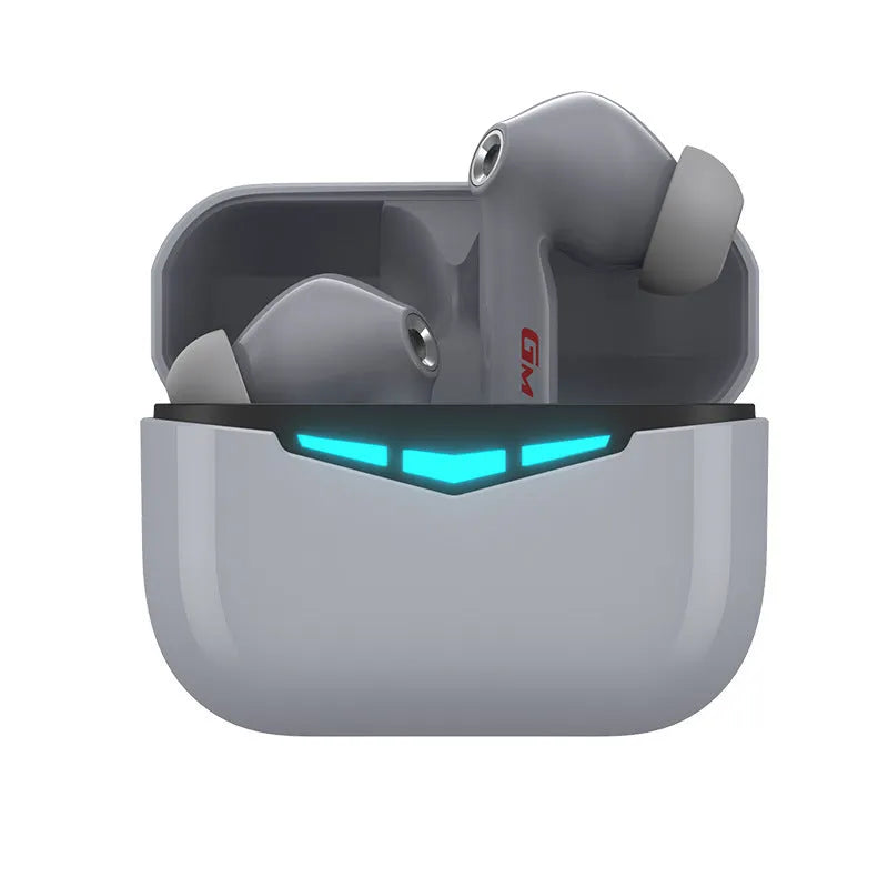 True wireless gaming Bluetooth headset earbuds in charging case with silicone ear tips.