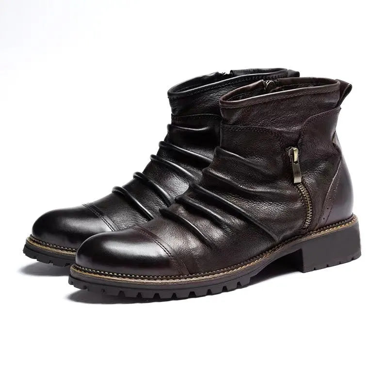 Men's black artificial PU leather cowboy boots with side zipper and round toe.