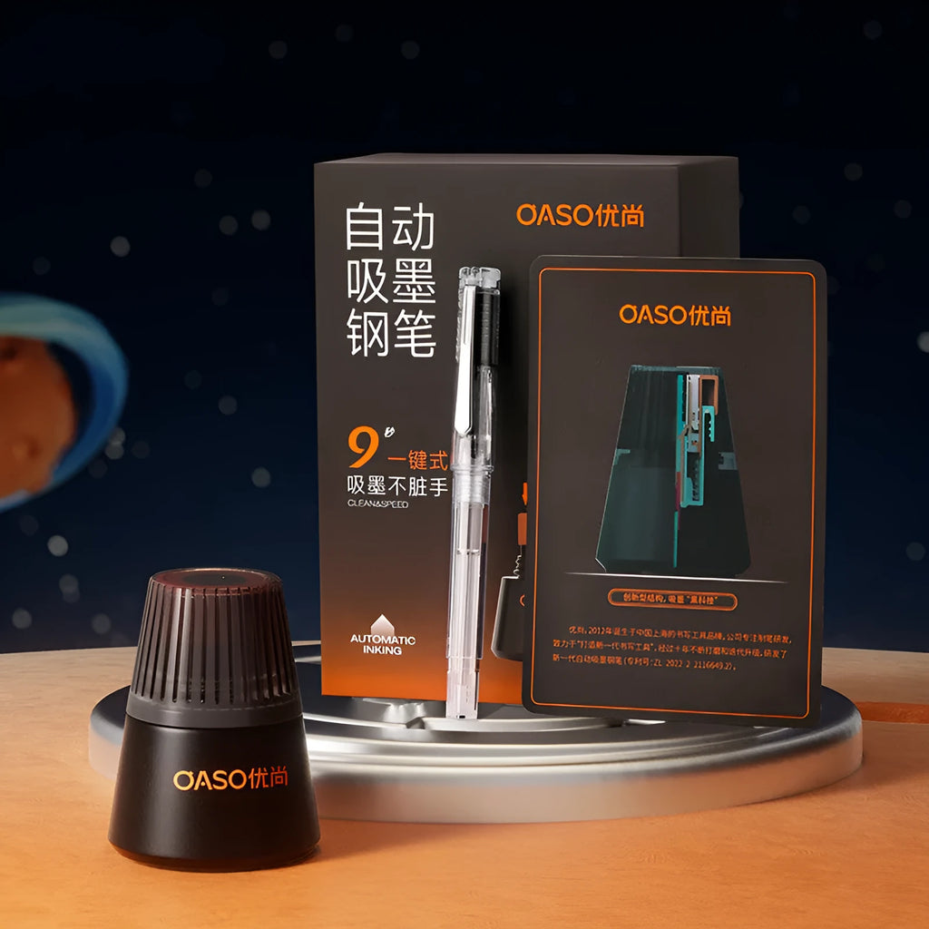 Automatic suction pen set with plastic body, two metal tip options, and a separate 40ml ink feeder tank.
