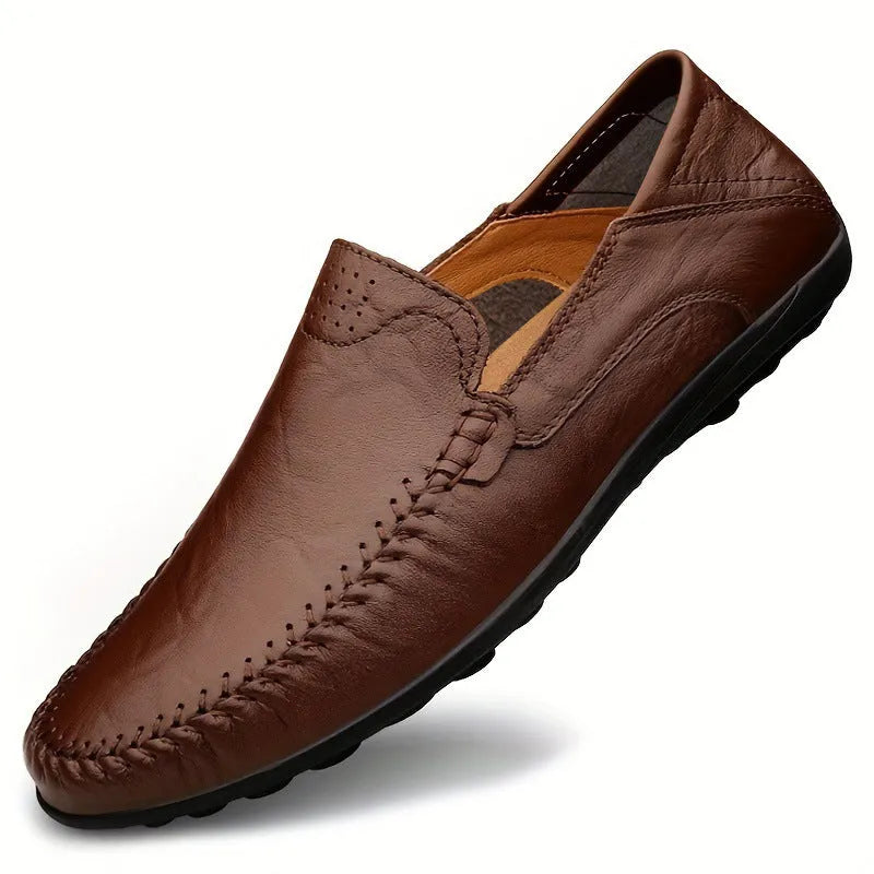 Men's brown cowhide leather shoes with round toe and flat rubber sole business casual design