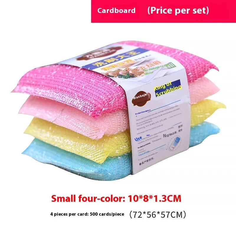 Pinstripe fabric dishwashing spong mop in macaron colours showing sponge, plastic, and silk thread construction.
