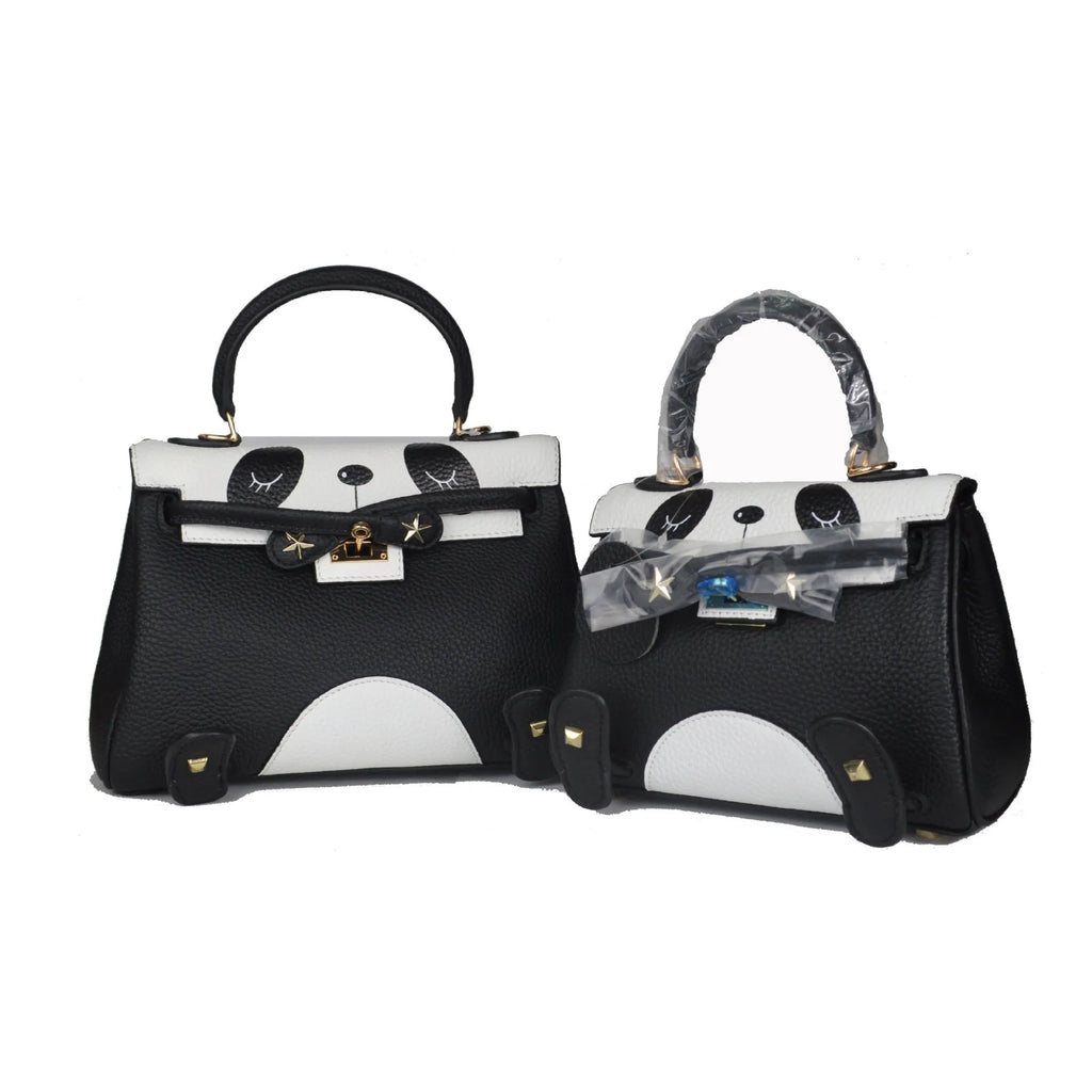 Women's horizontal square cow leather handbag with a sweet lady panda animal print.