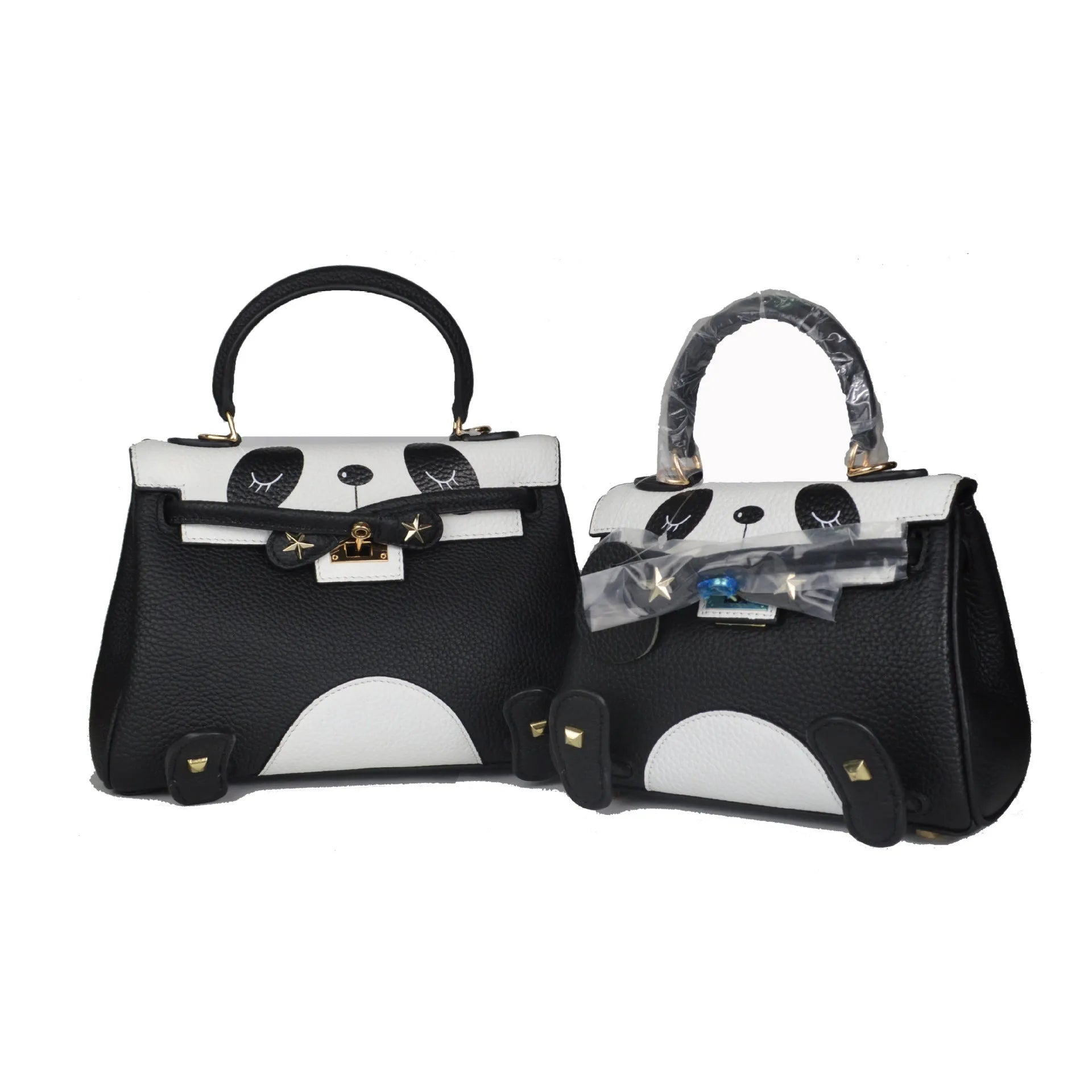 Women's horizontal square cow leather handbag with a sweet lady panda animal print.