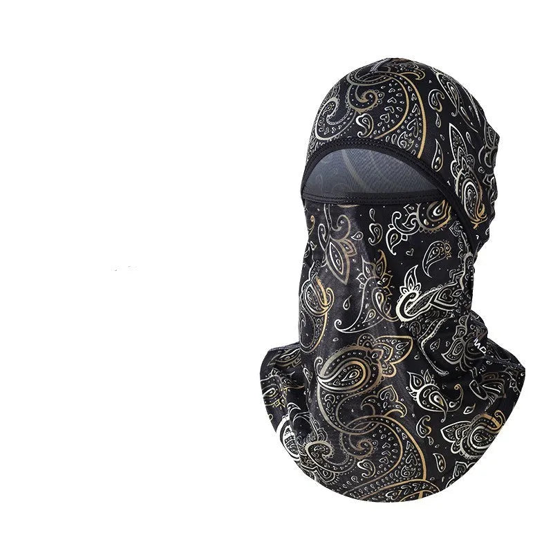 A cotton motorcycle head cover and gloves set for men and women, shown in a patterned colour.