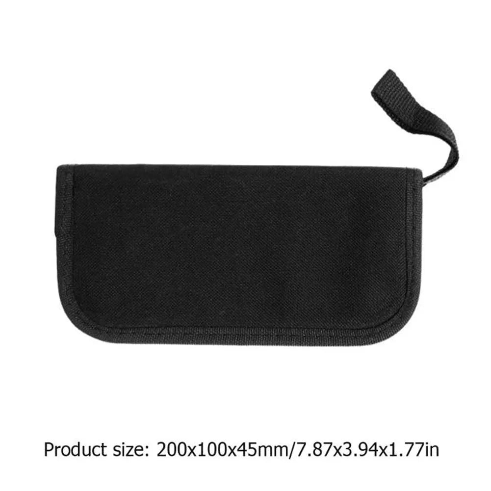 Black plastic and metal guitar repair tool kit case measuring 200mm by 100mm.