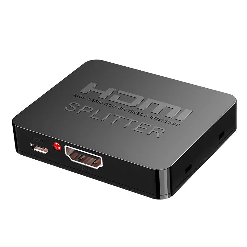 4K HDMI splitter device with one input and two output ports for dual display setup